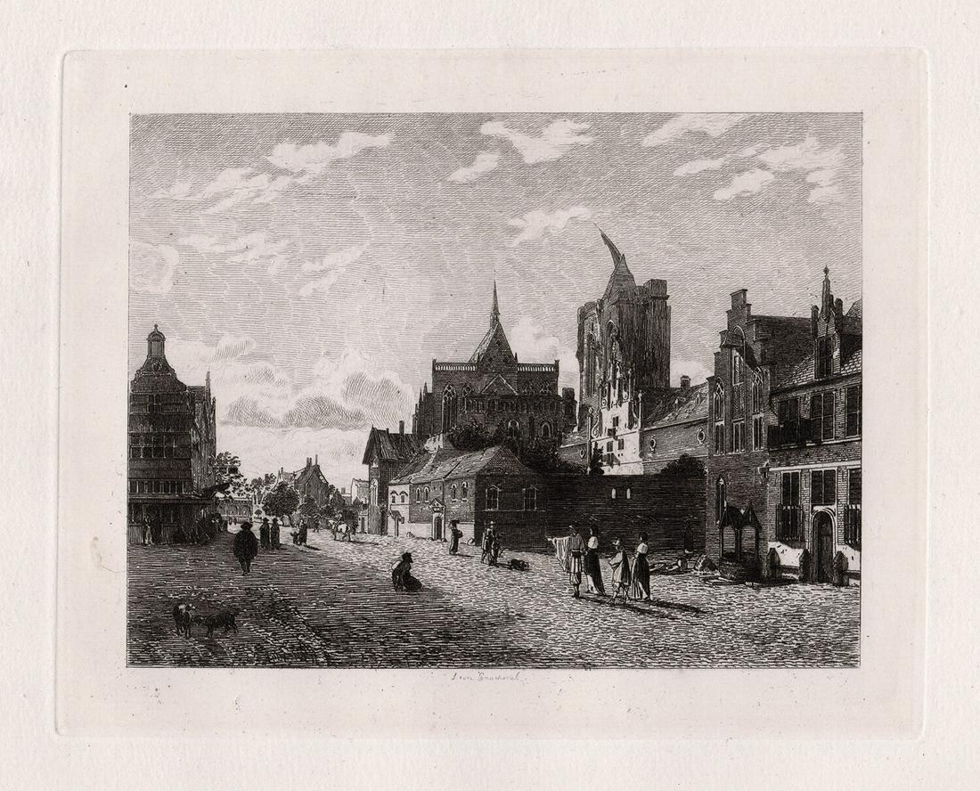 1876 Jan van der Heyden A Street View in Cologne: Jan van der Heyden. (Dutch, 1637 - 1712). A Street View in Cologne. Antique etching on thick laid paper after the original oil on oak panel by master etcher Leon Gaucherel (French, 1816-1886). 1876. S