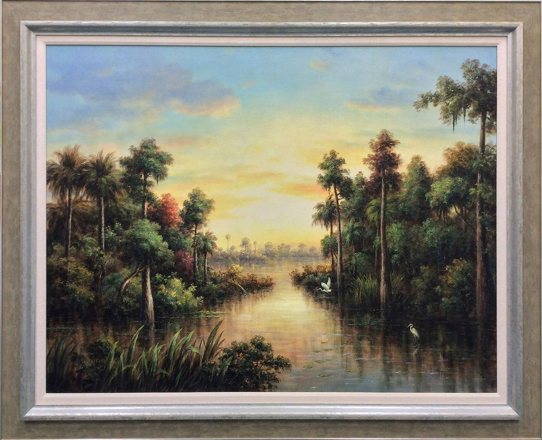 Pablo Munoz Original Painting Old Florida 36 x 48: Pablo Munoz. Old Florida. Original oil painting on canvas. Canvas Size 36 x 48 inches. Pablo Munoz was born in Peru and studied at the School of Arts of Cuzco. He is descended from a long line of pain