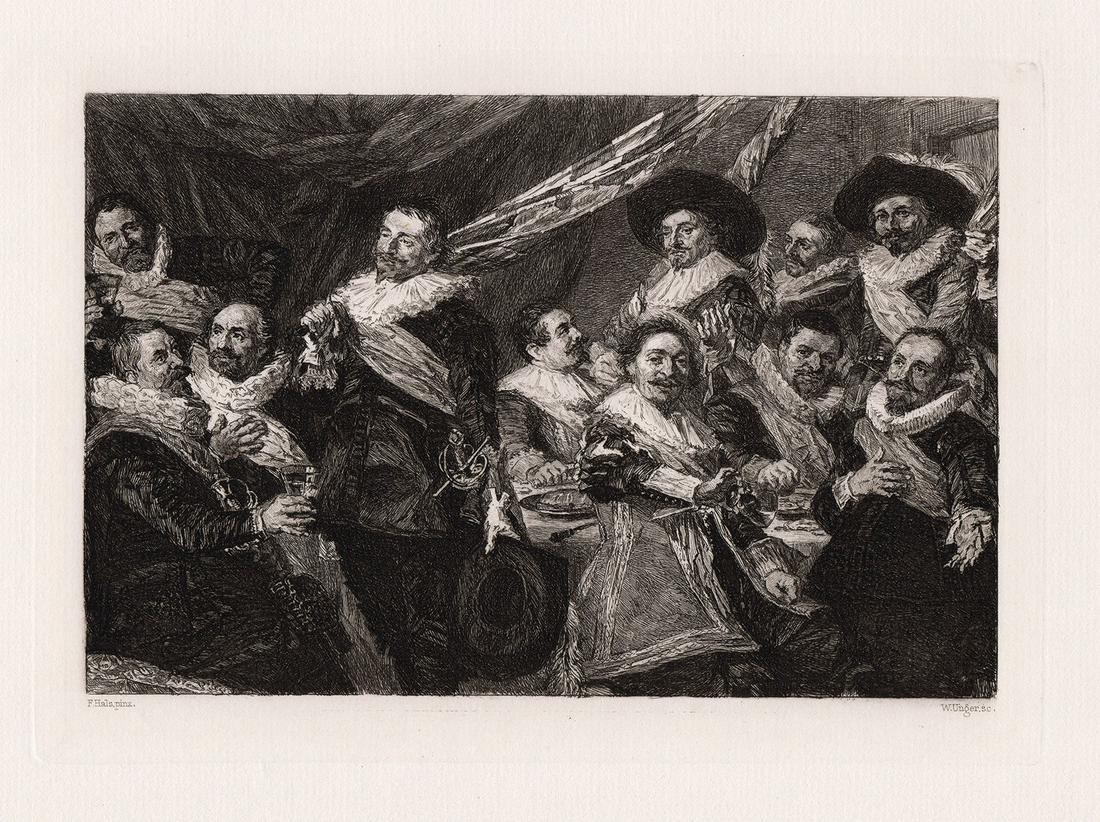 Frans Hals 1874 etching Banquet of the Civic Guard of: Frans Hals. (Frans Hals the Elder) (Dutch, 1582-1666). Banquet of the Civic Guard of St. George. Antique Etching on laid paper after the original by master etcher William Unger (German 1837-1932). 187