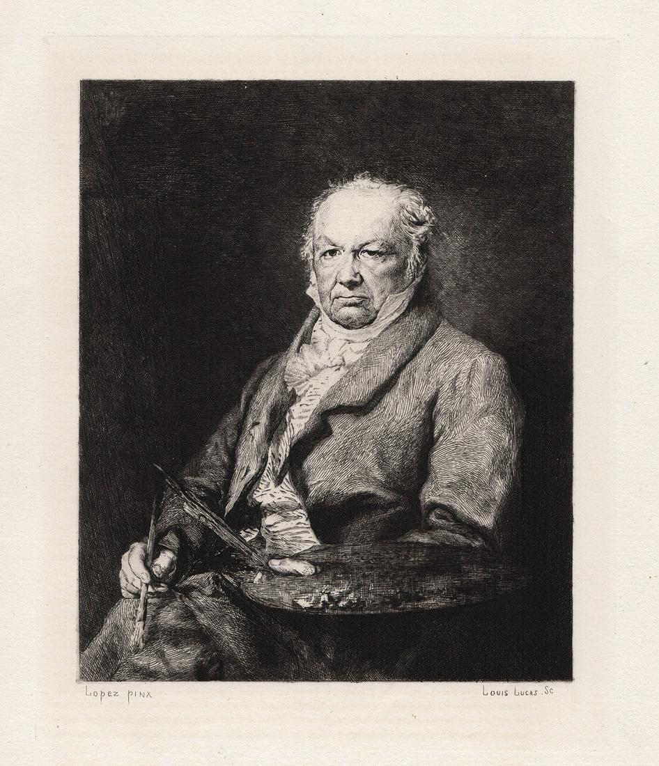 Vicente Portana Portrait of Goya 1879 etching: Vicente Lopez Portana (Spanish, 1772-1850). Portrait of Goya. Antique Etching on laid paper after the original by master etcher Louis Lucas(19th Century). 1879. Signed in the plate. Excellent. Image S