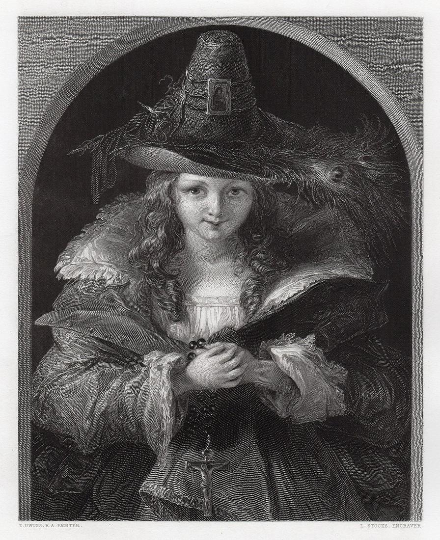 1849 Thomas Uwins Le Chapeau de Brigand engraving: Thomas Uwins. (English, 1782 - 1857). Le Chapeau de Brigand. Antique engraving on thick wove paper after the original oil paint on canvas by master engraver Lumb Stocks (British, 1812 - 1892). 1849. S