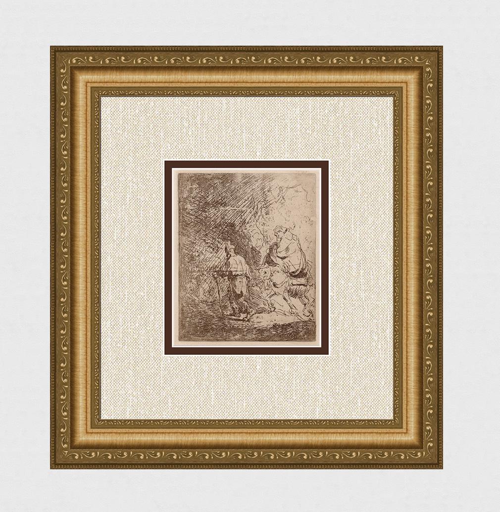 1800s REMBRANDT B54 Etching Flight in to Egypt Durand: After Rembrandt Harmenszoon Van Rijn (1606-1669). Title: The Flight Into Egypt: A Sketch. Medium: Antique hand pulled copper plate etching on laid paper after the original by master etcher Amand Duran