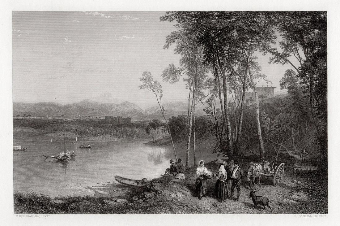 Thomas Richardson Junior Evening in Italy engraving: Thomas Miles Richardson Junior. (1813-90). Evening in Italy. Antique engraving on wove paper after the original watercolor painting by master etcher Edward Goodall (English, 1795 - 1870). 1857. Signed