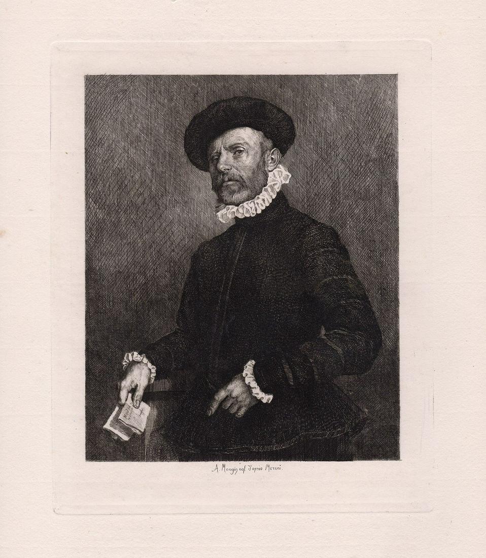 Giovanni Moroni The Lawyer 1876 etching: Giovanni Battista Moroni. (Italian, c.1520-1579). Portrait of a Man holding a Letter ('L'Avvocato') (The Lawyer). Antique etching on thick laid paper after the original oil on canvas by master etcher