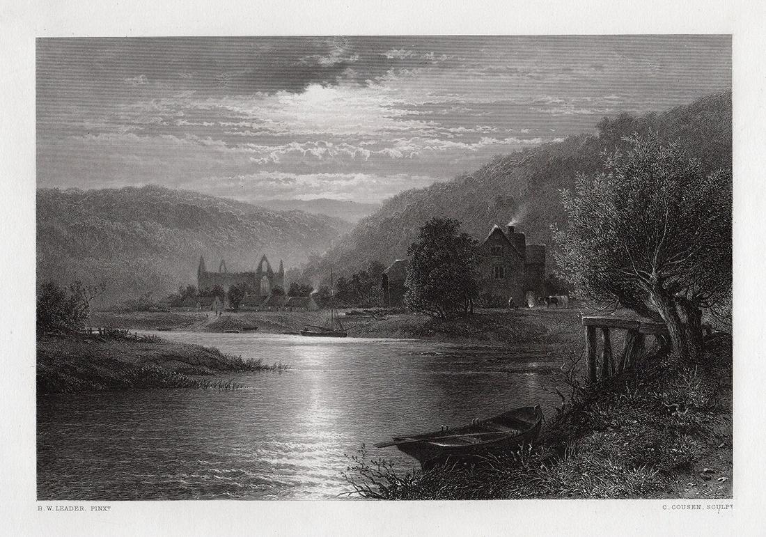 Benjamin Leader Tintern Abbey Moonlight 1875 engraving: Benjamin Williams Leader. (English, 1831 - 1923). Tintern Abbey Moonlight on the Wye. Antique Engraving on wove paper after the original by master engraver Charles Cousen (British, 1819 - 1889). 1875.