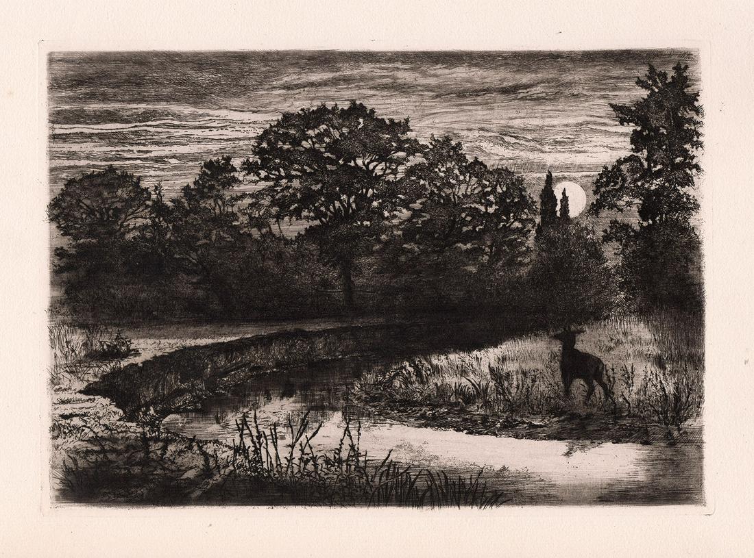 Philip Gilbert Hamerton Moonrise on the Ternin 1873: Philip Gilbert Hamerton. (English, 1834-1894). Moonrise on the Ternin. Antique drypoint etching on laid paper. 1873. Excellent. Image size 7 1/2 x 10 1/2 inches. Approximately 15 x 18 inches. This pie