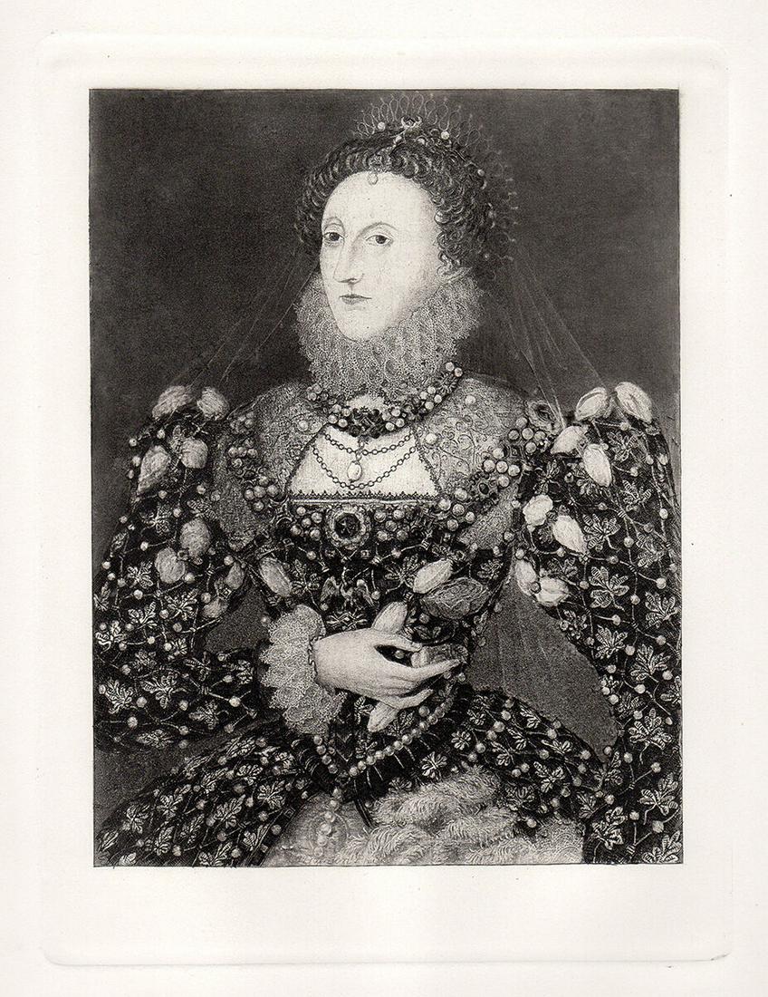 Nicholas Hilliard Queen Elizabeth 1883 Print: Queen Elizabeth. Antique Heliogravure on thick wove paper after the original Oil on panel associated to Nicholas Hilliard (English, 1547-1619). This Painting is housed in the National Portrait Gallery