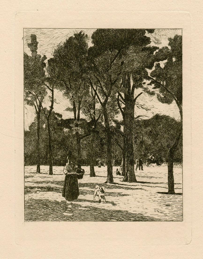 Stanislas Lepine L'esplanade des Invalides 1800's: Stanilas Lepine (1835 - 1892). L'Esplanade des Invalides (The Park of Invalides). Hand Pulled Copper plate etching, printed in Dark Green ink, on cream laid paper after the original by Auguste Marie L