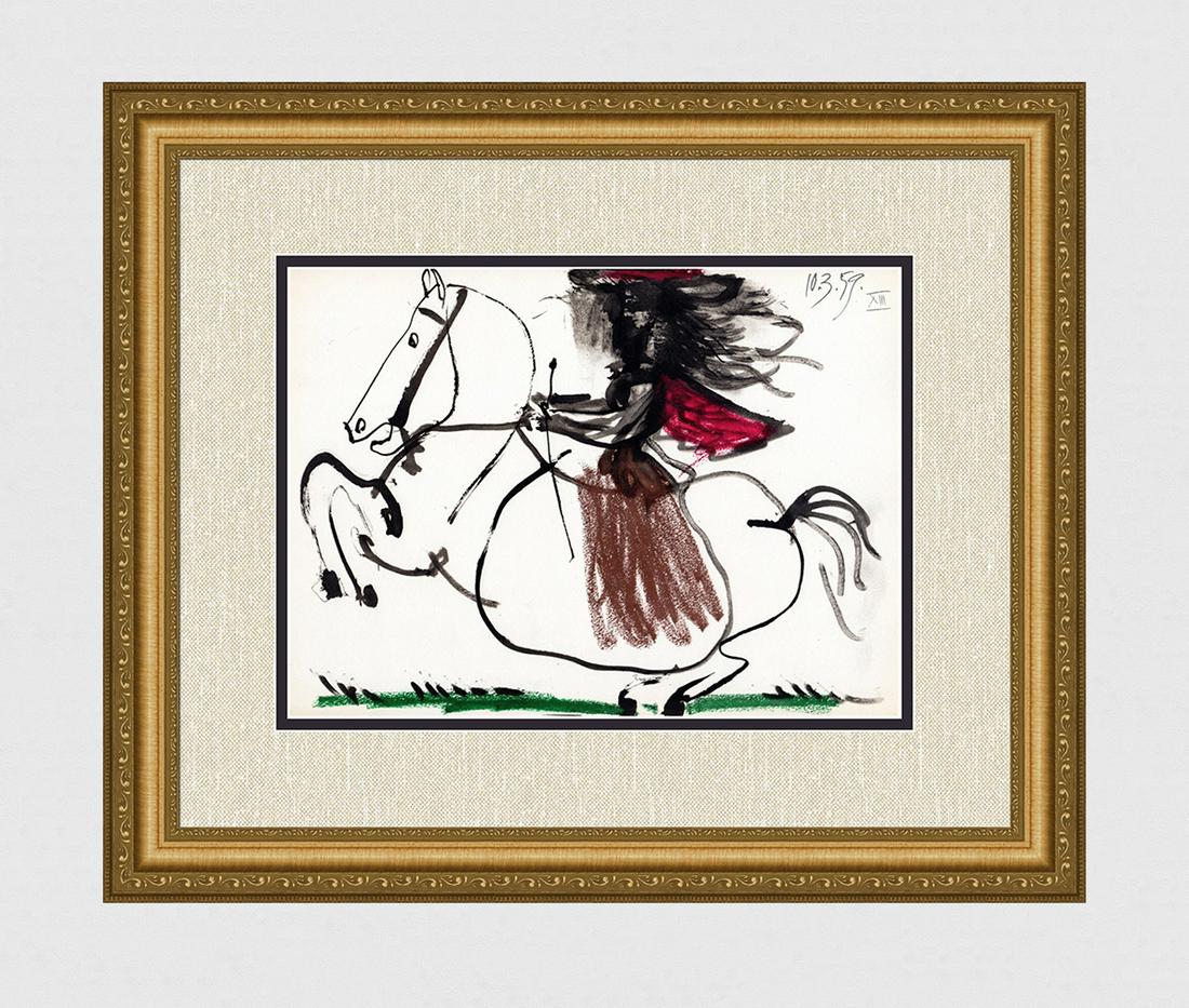 1961 PABLO PICASSO Jacaueline on a Racing Horse: Pablo Picasso (1881 - 1973). Jacqueline on Horseback. 1961 Color offset lithograph, on Arches paper, after the original sketch. Dated in the plate, upper right. Editions Cercle d'Art. Condition: Excel