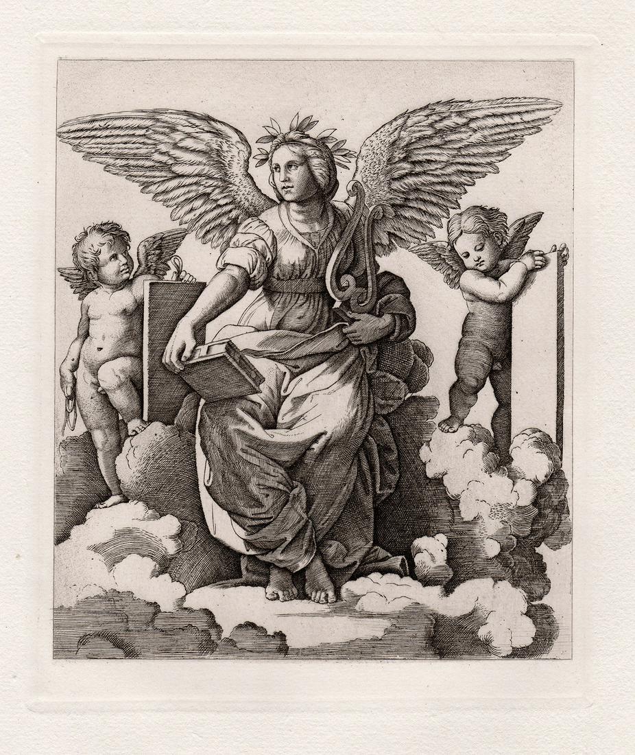 Raphael Allegorical Figure of Poetry (Poesia) 1879: Raphael. (Raffaello Sanzio da Urbino) (Italian, 1483-1520). Allegorical Figure of Poetry (Poesia). Antique Vatican engraving on laid paper after the original by master engraver Amand Durand (1831-1905