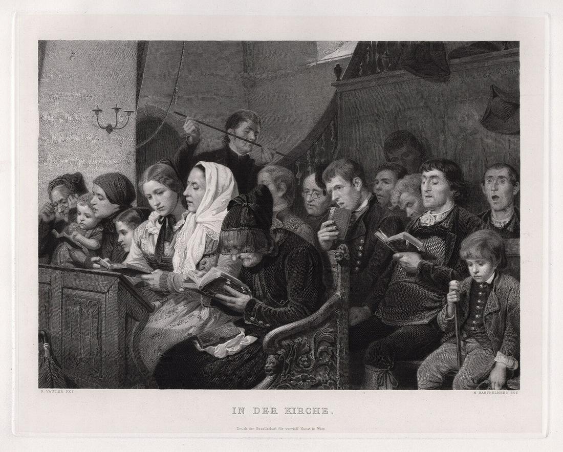 Benjamin Vautier In the Church 1887 Engraving Signed: Benjamin Vautier. In der Kirche (In the Church). Antique engraving on wove paper after the original oil on canvas by master engraver N. Barthelmess. . 1887. Signed in the plate. Image size 9 1/2 x 12 