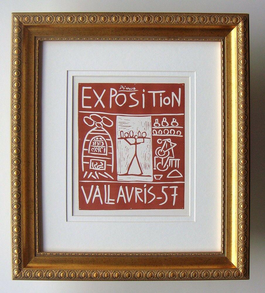 Pablo Picasso Exposition Vallauris 57 1959 Lithograph: Pablo Picasso. Exposition Vallauris 57. Color Lithograph after the Original Poster. 1959. Signed in the plate. Sauret. Atelier Mourlot. Image Size 7 7/8 x 9 1/2 inches. Framed dimensions: Approximatel