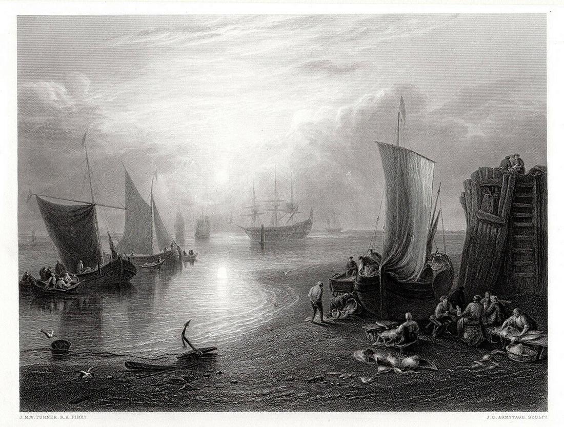 1862 Joseph Mallord William Turner Sun Rising engraving: Joseph Mallord William Turner. (English, 1775-1851). The Sun Rising in a Mist (Sun rising through Vapour: Fishermen cleaning and selling Fish). Antique engraving on wove paper after the original oil o