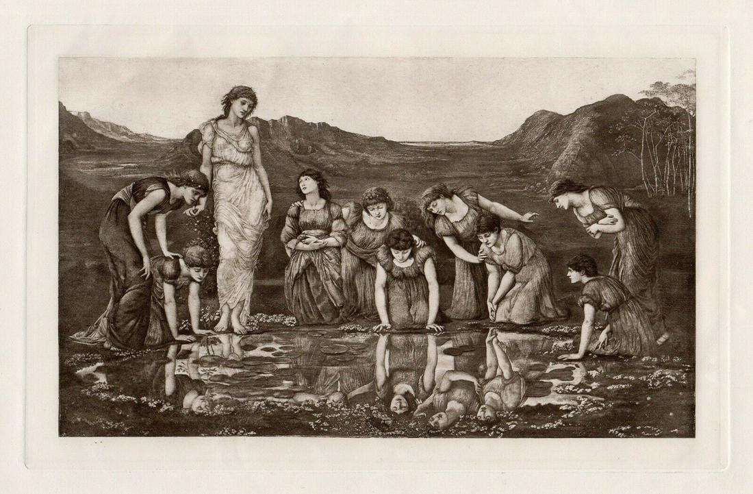 1800s Edward BURNE-JONES Antique Print Looking Glass: Sir Edward Coley Burne-Jones (British, 1833-1898). Venus' Looking Glass. Antique Heliogravure on wove paper after the original oil on canvas by master engraver Dujardin. Year: 1885. Condition: Excelle