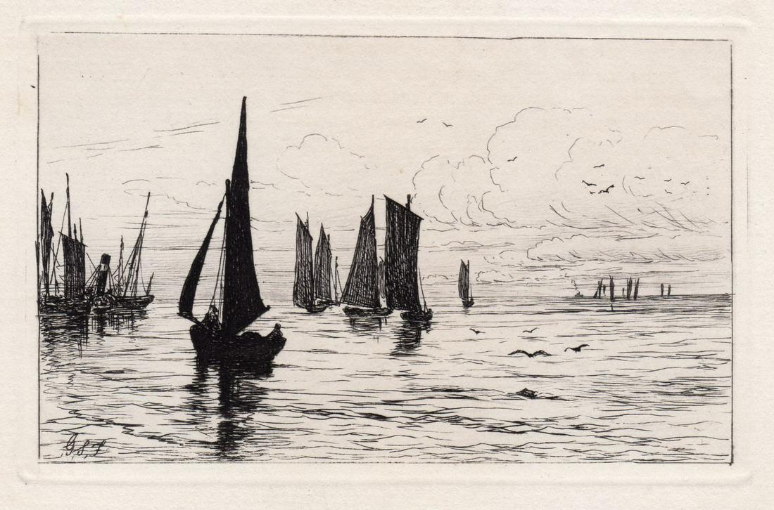 George Stratton Ferrier Fishing-Boats coming 1879: George Stratton Ferrier. (British, 1852-1912). "Fishing-Boats coming in from the Sea". Antique etching on thick laid paper. 1879. Signed in the plate, lower left. Excellent. Image size 3 3/8 x 5 3/8 i