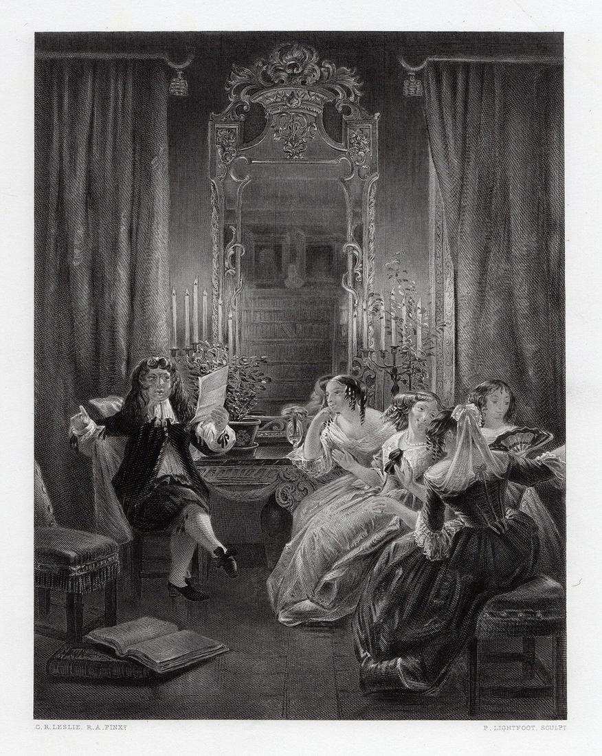 1867 Charles Leslie Les Femmes Savantes engraving: Charles Robert Leslie. (English, 1794 - 1859). Les Femmes Savantes (The Learned Ladies). Antique engraving on wove paper after the original oil on canvas by master engraver Peter Lightfoot (British, 1