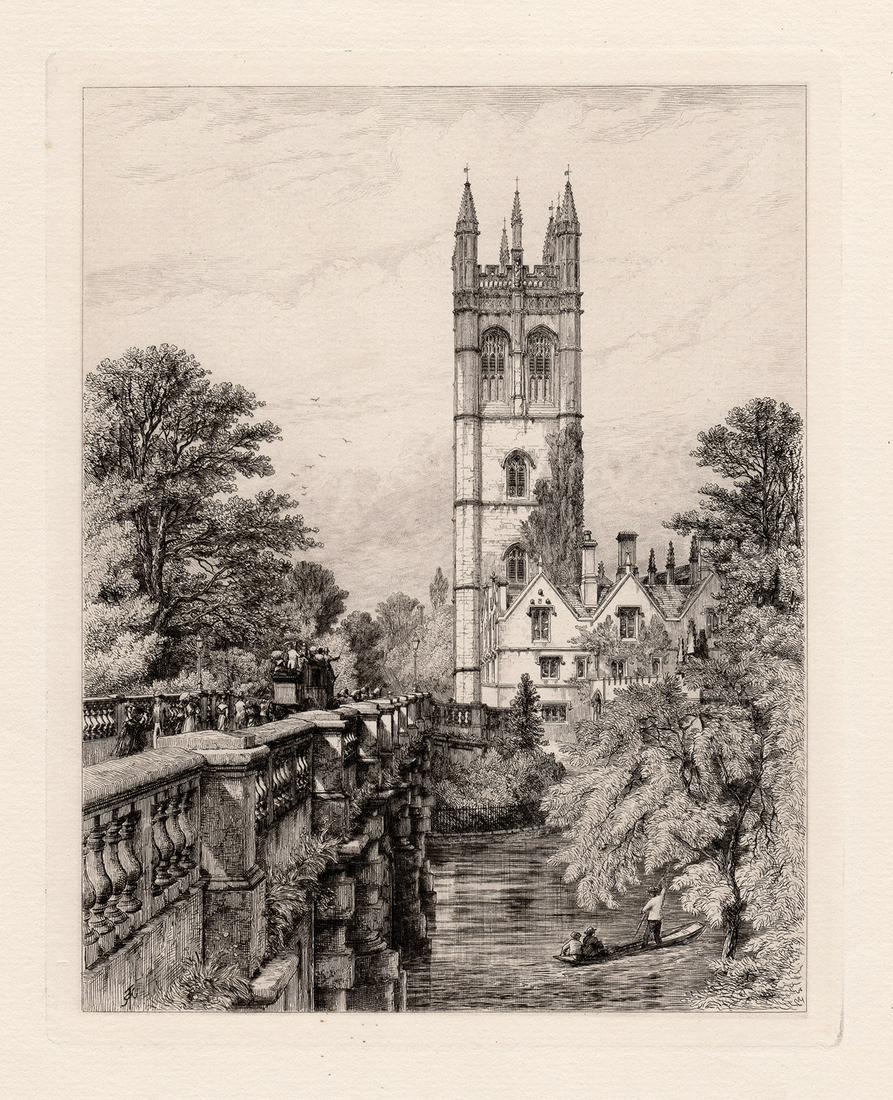 Robert Kent Thomas 1879 etching Magdalen Tower and: Robert Kent Thomas. (British, 1816-1884). Magdalen Tower and Bridge. Antique Etching on laid paper. 1879. Signed in the plate, lower left. Excellent. Image Size 7 1/8 x 9 inches. Framed dimensions app