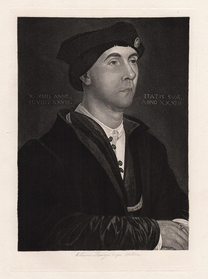 Hans Holbein the Younger Sir Richard Southwell etching: Hans Holbein the Younger. (German/Swiss, c.1497-1543). Sir Richard Southwell (English, 1502/1503-1564). Antique etching on laid paper after the original painting by Master Engraver Madame Louveau Rouv