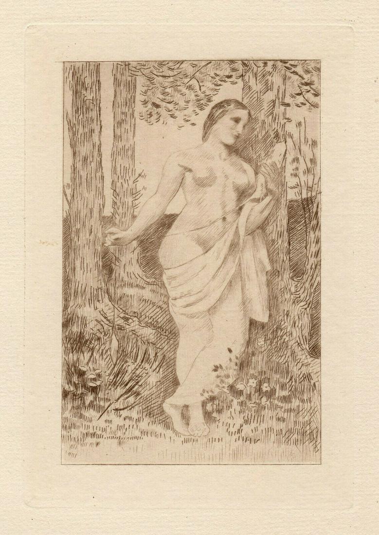 1892 Puvis de Chavannes Etching Nude Standing: Pierre Puvis de Chavannes (1824 - 1898). La Fileuse. Hand Pulled Copper plate etching with drypoint, printed in Bistre ink, on cream laid paper after the original by Auguste Marie Lauzet (1865 - 1898)