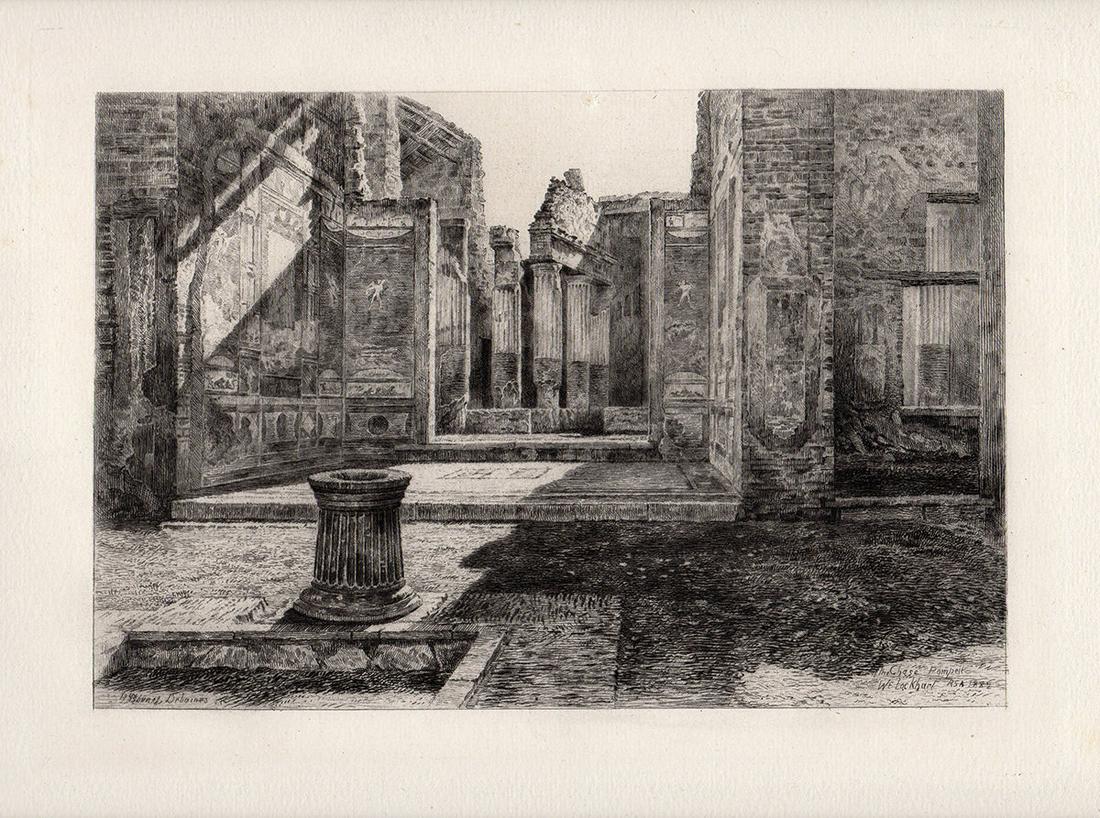 William Ewart Lockhart 1883 etching Pompeii signed: William Ewart Lockhart. (Scottish, 1846-1900). "The House of the Chase, Pompeii". Antique etching on thick laid paper after the original by master etcher Alfred Louis Brunet Debaines (1845-1939). 1883