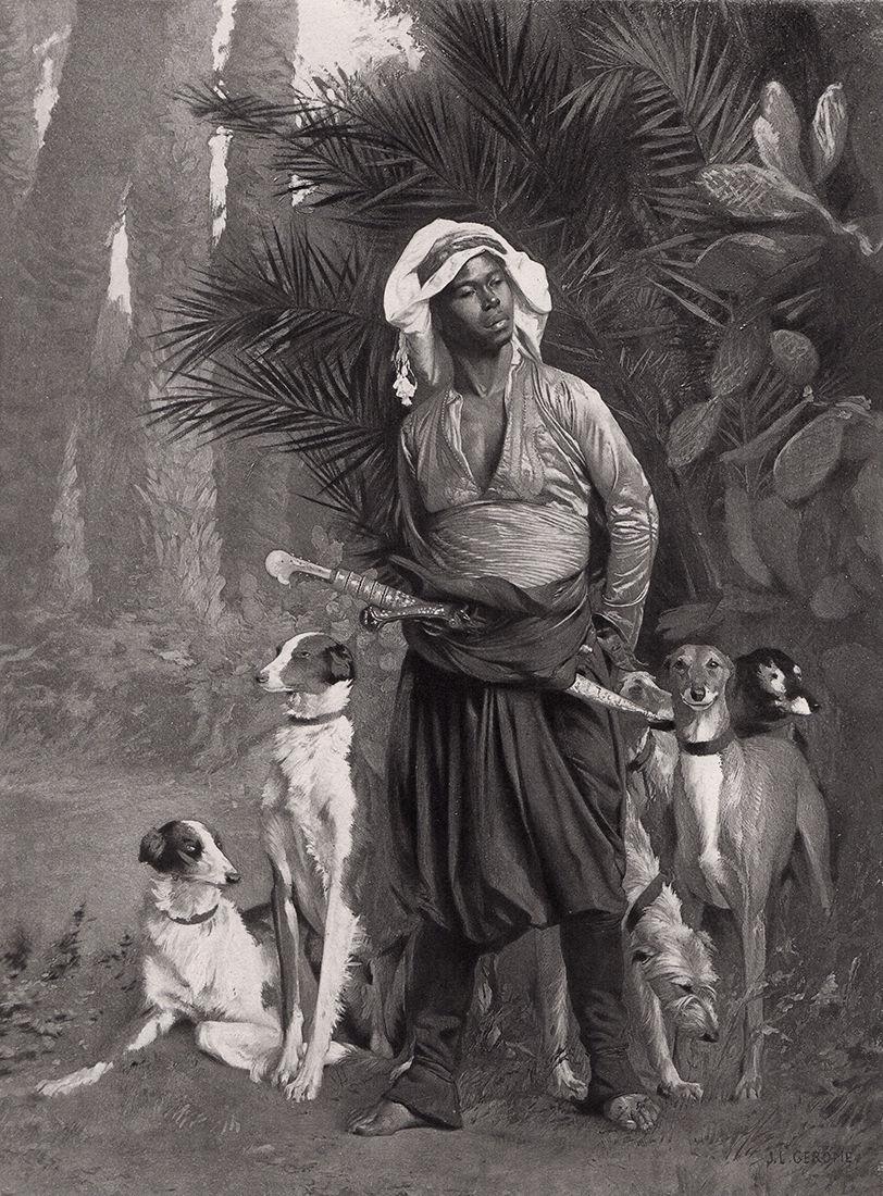 1875 Jean Leon Gerome African Hounds print signed: Jean Leon Gerome. (French, 1824-1904). African Hounds ( The Negro Master of the Hounds). Antique Heliogravure on wove paper after the original oil on canvas by a Master Engraver. 1875. Signed in the p