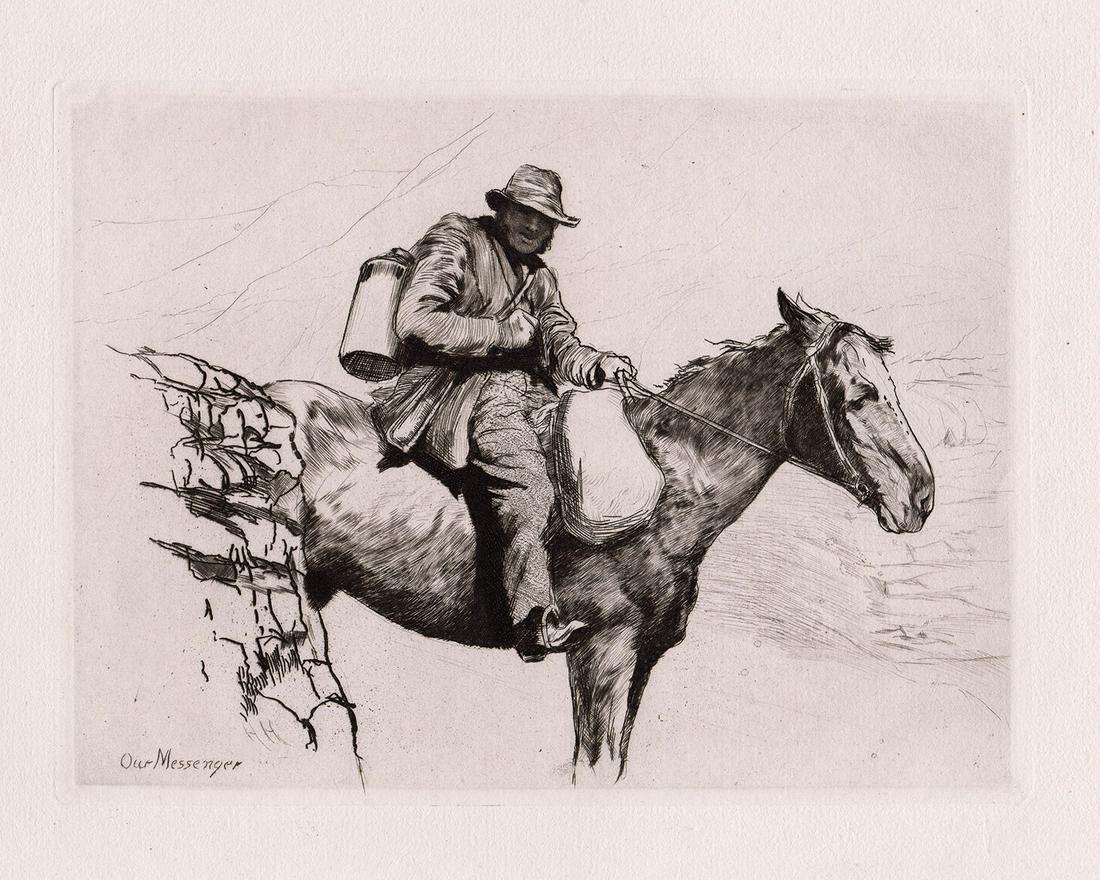 1880 Hubert Herkomer The Messenger etching signed: Hubert Herkomer. (Sir Hubert von Herkomer) (British, 1849-1914). The Messenger. Antique etching on thick laid paper. 1880. Signed in the plate, lower left. Excellent. Image Size 5 5/8 x 7 1/2 inches. 