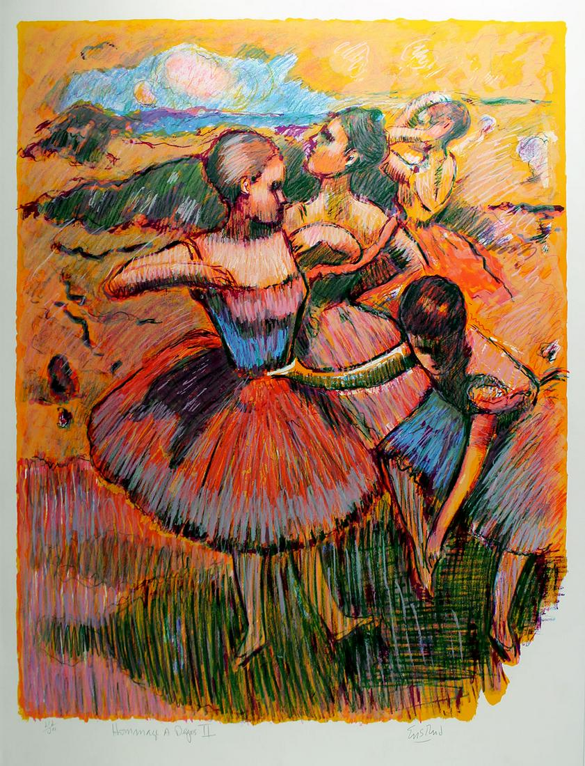 Wayne Ensrud C.1980 lithograph Hommage a Degas II: Wayne Ensrud. (1934-). Hommage a Degas II. Original Color Lithograph. C.1980. Hand Signed and Numbered by the Artist. Excellent. Image Size 26 x 36 inches. This artwork is accompanied by a Gallery Cer