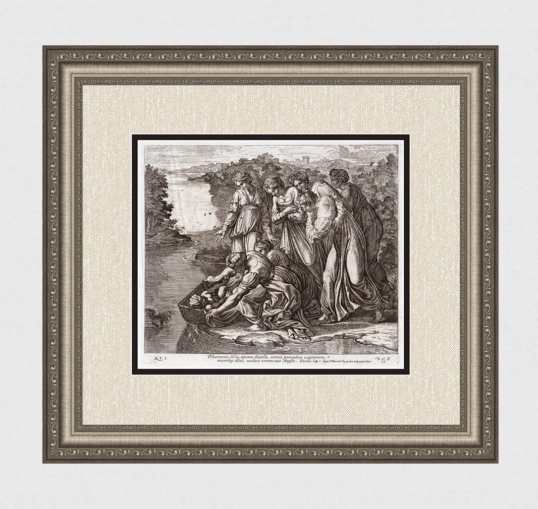 Raphael 1649 Engraving Vatican Baby Moses placed in the: Raphael (Italian, 1483-1520). Baby Moses placed in the Nile in a basket . Antique 1649 engraving on laid paper after the original from the series of etchings Biblical Scenes, after the frescoes by Rap