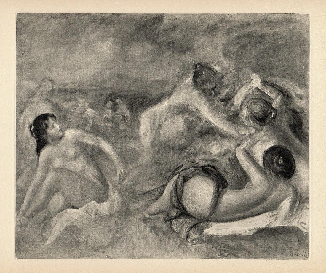 1919 Pierre Auguste RENOIR Engraving "Baigneuses": Pierre Auguste Renoir (1841 - 1919). Bathers (Baigneuses). Antique copper plate heliogravure engraving on beau papier teintÃ© hand pulled by Emile Fequet in Paris on December 15, 1919. Signed in the