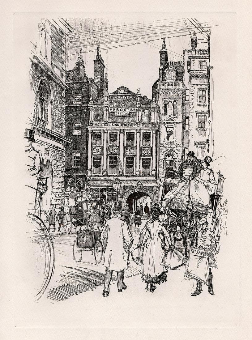Joseph Pennell The Corner of Chancery Lane 1890 etching: Joseph Pennell. (American, 1857-1926)Pennell. The Corner of Chancery Lane. Original Etching on wove paper after the original sketch by Joseph Pennell. 1890. Excellent. Image Size 7 3/8 x 10 1/2 inches