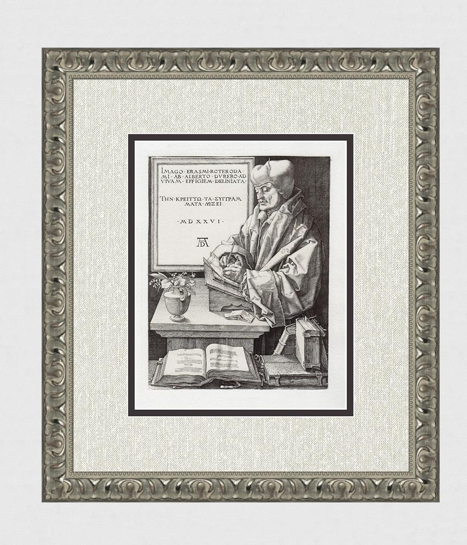 Albrecht Durer Erasmus 1882 Engraving Signed: Albrecht Durer. (1471 - 1528). "Erasmus of Rotterdam ". Antique Copper plate hand pulled copper plate engraving after the original by master engraver Amand Durand (1831-1905). 1882. Signed in the Plat
