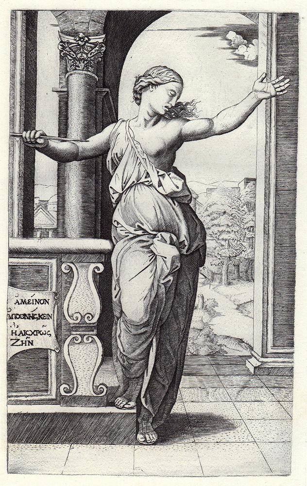 Raphael Lucretia 1880 engraving: Raphael. (1483-1520). Lucretia. Hand Pulled Copper Plate Engraving on Laid Paper after the original by Renowned Master Engraver Amand Durand (1831-1905). 1880. Excellent. Image Size 5 5/16 x 8 5/8 inc