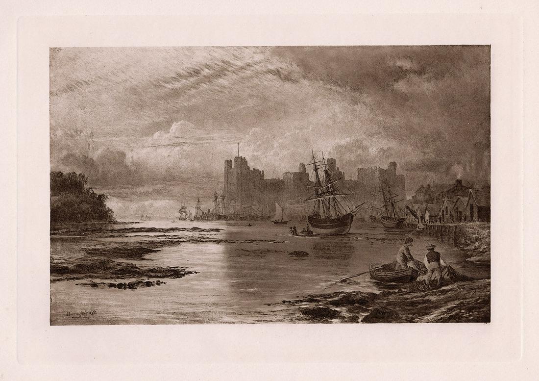 1890 Alfred Dawson Carnarvon Castle Antique Print: Alfred Dawson. (British, 1843-1931). "Carnarvon Castle". Antique Heliogravure on thick wove paper, after the original painting by a master engraver. 1890. Signed in the plate lower left. Excellent. Im