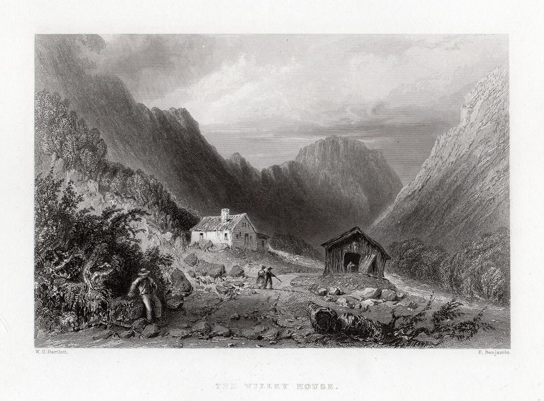 William Henry Bartlett 1838 engraving The Willey House: William Henry Bartlett. (British, 1809-1854). The Willey House. Antique engraving on wove paper after the original by master engraver E. Benjamin. 1838. Signed in the plate. Excellent. Image Size 6 x 