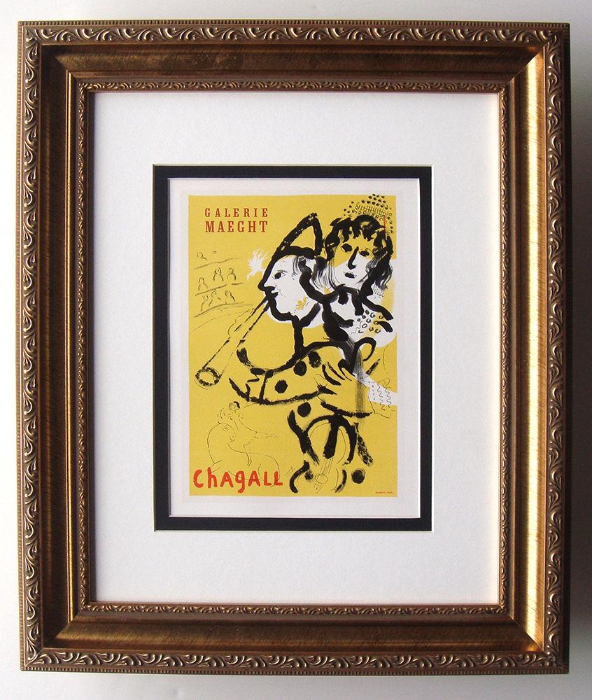 Marc Chagall 1959 color lithograph Clowns: Marc Chagall (1887-1985). Chagall. Approximately 15 x 18 inches. Color Lithograph after the Original Poster. 1959. Signed in the plate. Sauret. Atelier Mourlot. 1957 Exhibition Poster for Chagall at M