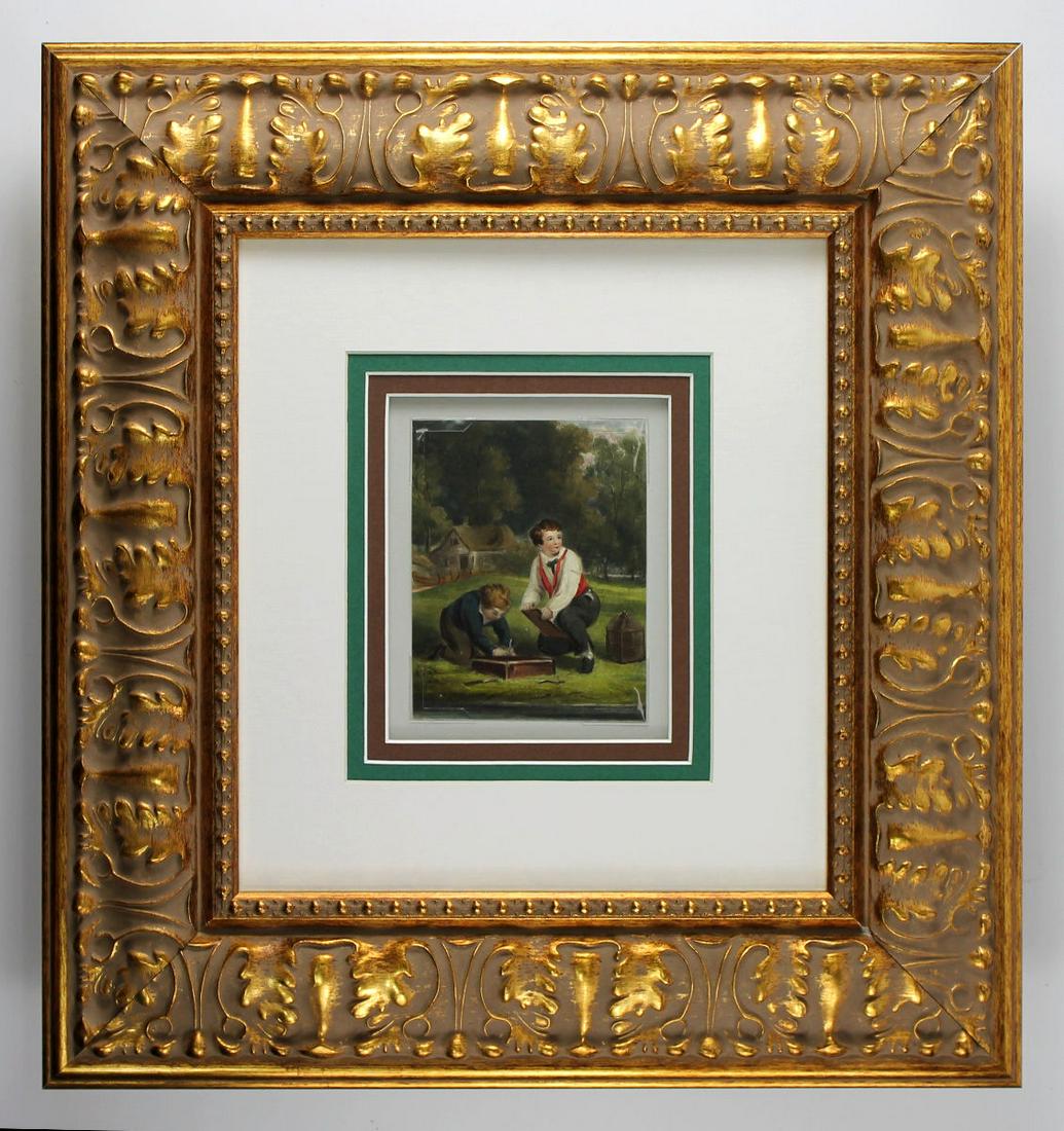 1800's Antique Painting Two boys and the Bird Trap: Master Artist. The Bird Trap. Original Gouache/Watercolor over lithography. Executed First Quarter 1800's. Excellent. Image size 4 1/4 x 5 3/8 inches. Approximately 18 x 19 inches. This piece has been