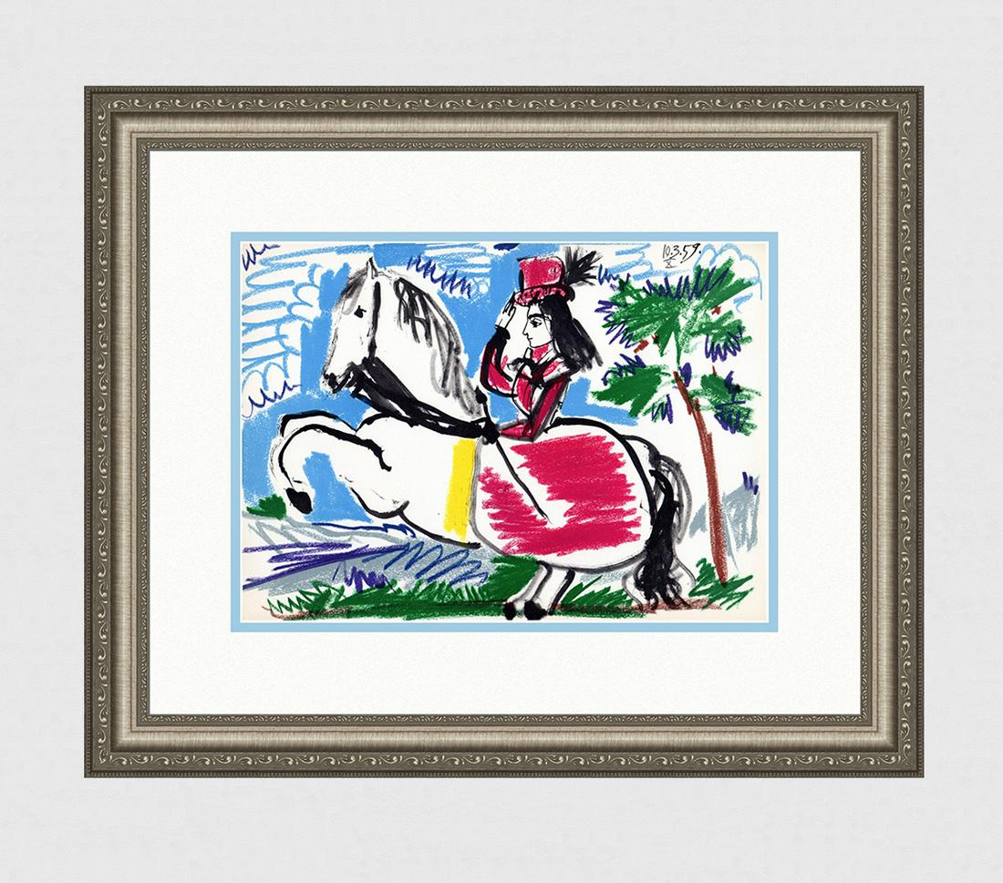 1961 PABLO PICASSO Mourlot Lithograph Jacqueline a: Pablo Picasso (1881 - 1973). Jacqueline on Horseback III (Jacqueline a Caballo). 1961 Color offset lithograph, on Arches paper, after the original sketch. Atelier Mourlot. Dated in the plate, upper ri