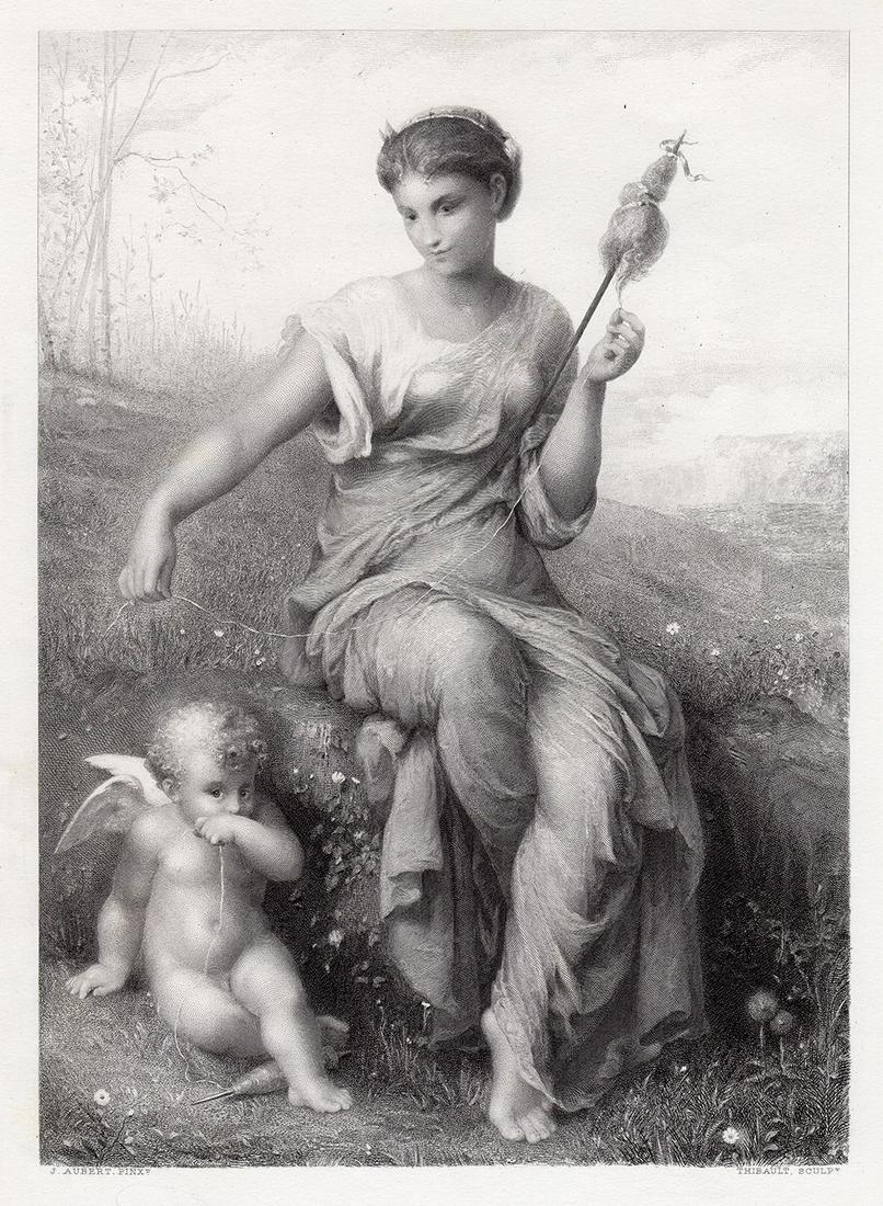 Jean-Ernest Aubert (or Ernest-Jean Aubert) (French,: Jean-Ernest Aubert (or Ernest-Jean Aubert) (French, 1824 - 1906). The Broken Thread. Antique steel engraving on wove paper after the original by master engraver C.E. Thibault. 1878. Signed in the plat