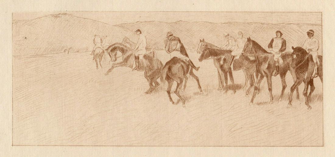Edgar Degas 1892 Horse Race Etching: Edgar Degas (1834 - 1917). Avant la Course (Before the Race). Hand Pulled Copper plate etching, printed in Bistre ink, on cream laid paper after the original by Auguste Marie Lauzet (1865 - 1898). Yea