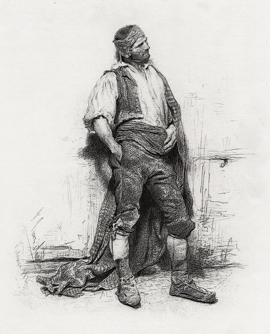 Jose Jimenez Aranda (Spanish, 1837 - 1903) 1879: Jose Jimenez Aranda (Spanish, 1837 - 1903). A Spanish Workman. Antique Steel Engraving on wove paper after the original. 1879. Signed in the plate. Excellent. Image Size 7 3/4 x 8 1/2 inches. Approxim