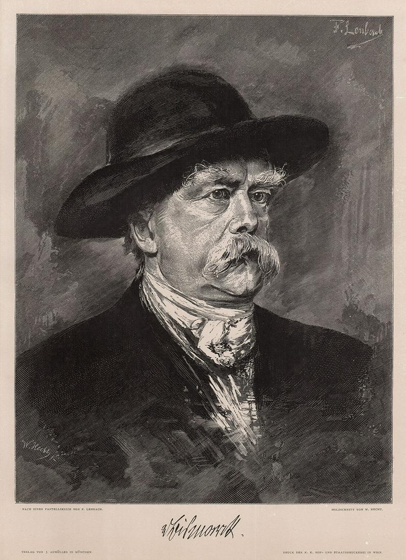 Franz von Lenbach Portrait of Otto FÃ¼rst Bismarck: Franz von Lenbach. (German, 1836 - 1904). Portrait of Otto FÃ¼rst Bismarck. Antique woodcut on wove paper after the original pastel sketch by Master Wood Engraver W. Hecht. 1887. Signed in the plate