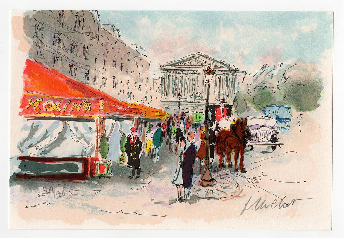 Urbain Huchet Maxim's lithograph signed: Urbain Huchet (French, 1930 - 2014). Maxim's. Original Color Lithograph on Arches Rag Paper. Hand Signed by the Artist Lower Right, Numbered in Pencil Lower Left. Excellent. Sheet Size - 7 1/2 x 11 in