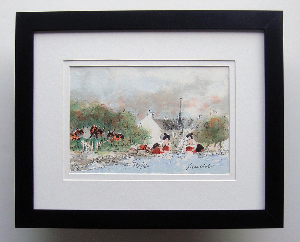 Urbain Les Lavandieres lithograph signed: Urbain Huchet (French, 1930 - 2014) Les Lavandieres. Color Lithograph on Arches rag paper. Hand Signed by the artist lower right, Numbered in pencil lower left. Provenance: Purchased Directly from the