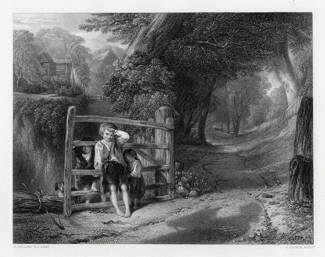 William Collins Rustic Civility engraving signed: William Collins. (English, 1788 - 1847). Rustic Civility. Antique Engraving on wove paper after the original oil on wood by master engraver Charles Cousen (British, 1819 - 1889). 1865. Signed in the p