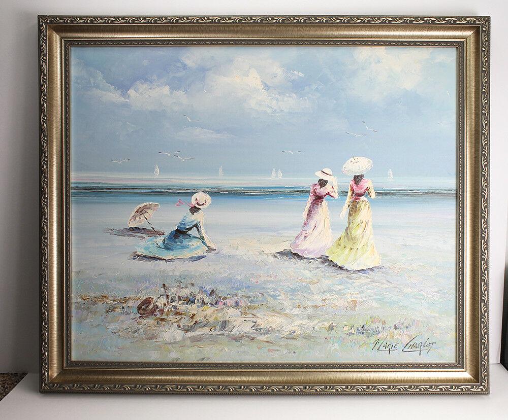 Marie Charlot Afternoon at the Beach c. 1970's Signed: Marie Charlot. Afternoon at the Beach. Original oil painting on Canvas. c. 1970's. Signed lower right. Size 20 x 24 inches. Framed dimensions: Approximately 23 3/4 x 27 3/4 inches. Gallery framed usin