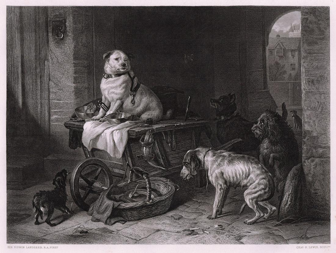 1869 Sir Edwin Henry Landseer Jack in the Office: Sir Edwin Henry Landseer. (English, 1802-1873). Jack in the Office. Antique engraving on wove paper after the original oil on panel by master engraver Charles James Lewis (British, 1830-1892). 1869. S
