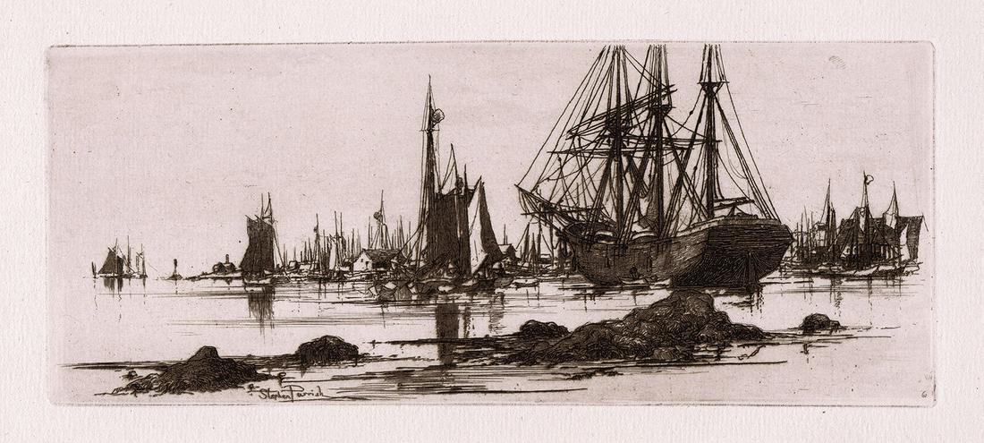1882 Stephen Parrish In Port etching signed: Stephen Parrish. (American, 1846-1938). In Port. Original Etching on laid paper. 1882. Signed in the plate lower right. Excellent. Image size 3 7/8 x 9 1/2 inches. Approximately 12 x 18 inches. This p