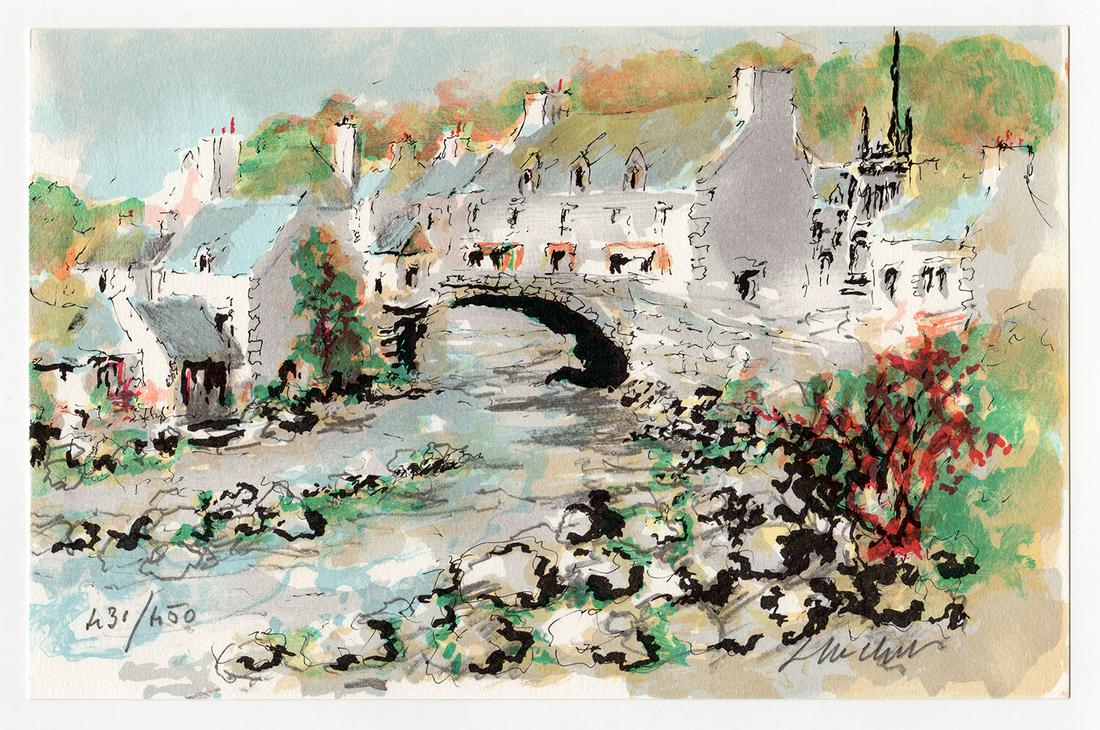 Urbain Huchet The Bridge at Pont Aven lithograph signed: Urbain Huchet (French, 1930 - 2014). The Bridge at Pont Aven. Original Color Lithograph on Arches Rag Paper. Hand Signed by the Artist Lower Right, Numbered in Pencil Lower Left. Excellent. Sheet Size