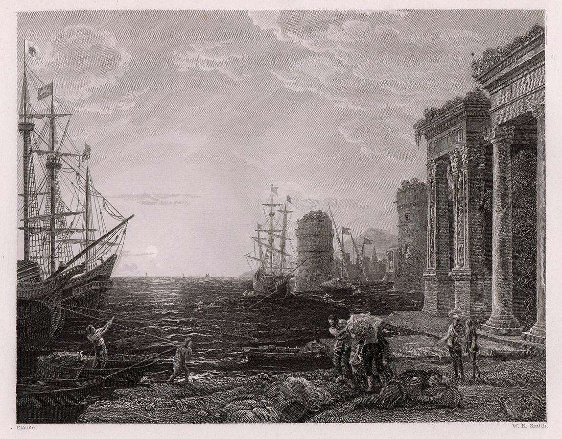1834 Claude Lorrain A Seaport in the Mediterranean: Claude Lorrain. (born Claude Gelle traditionally just Claude in english) (French, c. 1600-23-1682). A Seaport in the Mediterranean. Antique steel engraving on wove paper after the original oil on canv