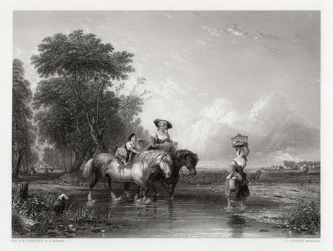 Sir Augustus Wall Callcott Returning from Market: Sir Augustus Wall Callcott. (English, 1779-1844). Returning from Market (Crossing the Stream). Antique engraving on wove paper after the original oil painting by master engraver John Cousen (English, 
